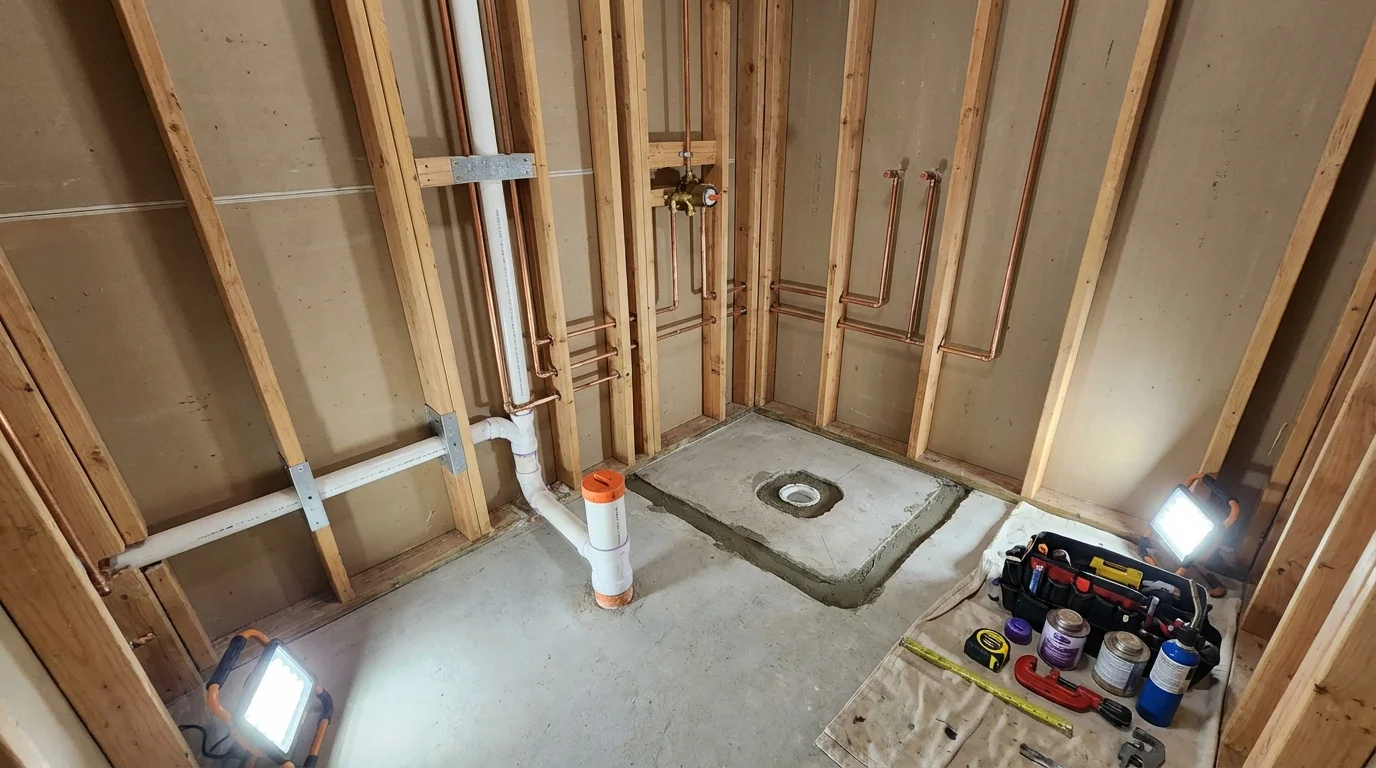 Bathroom rough-in plumbing during remodel by Johns Plumbing LLC in Siloam Springs
