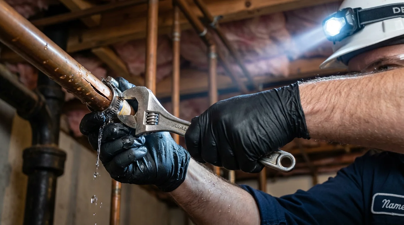 Emergency pipe clamp repair being performed by a Johns Plumbing LLC plumber in Siloam Springs