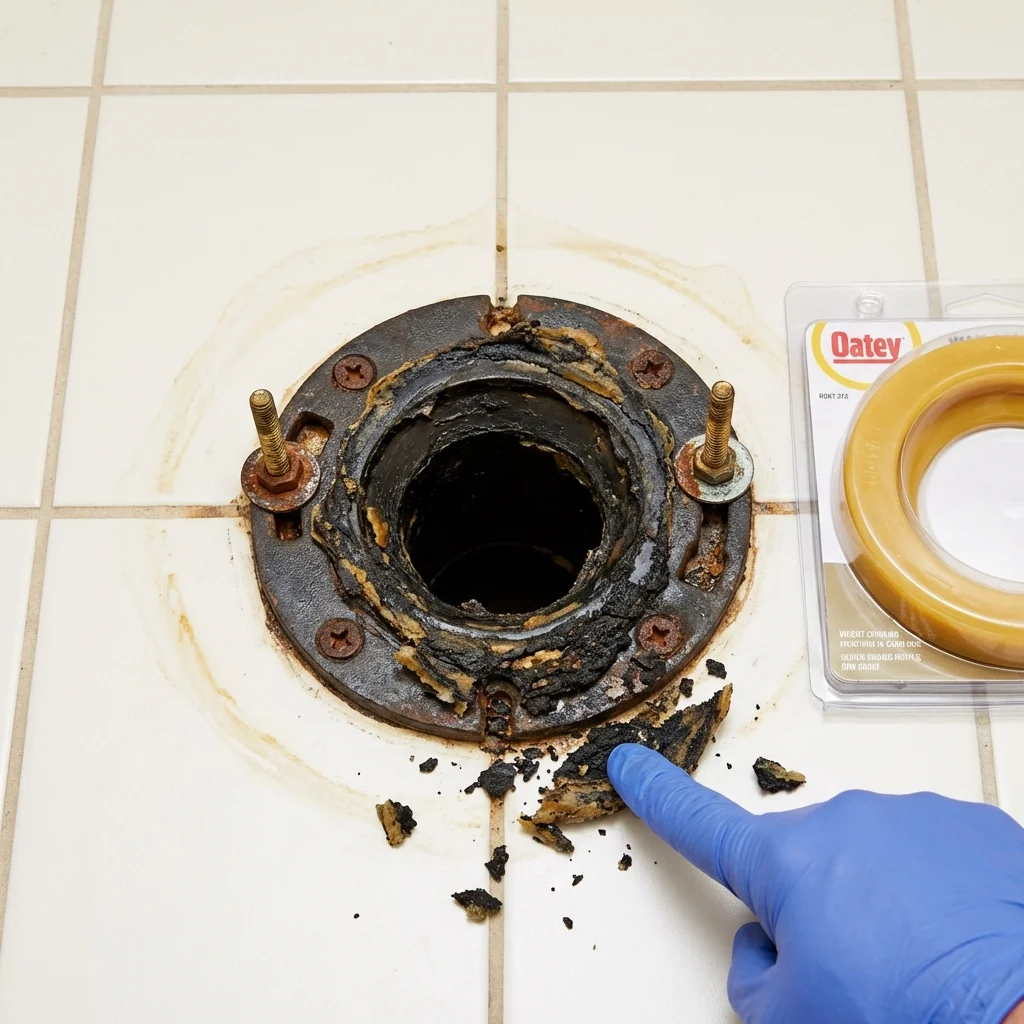 Failed wax ring showing water seepage at the base of a toilet in a Siloam Springs, AR home