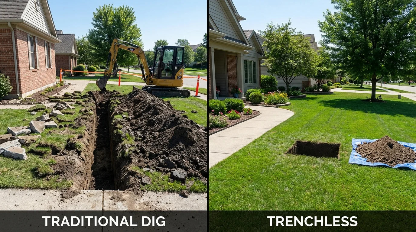 Trenchless sewer repair with minimal yard damage versus traditional excavation in Siloam Springs, AR