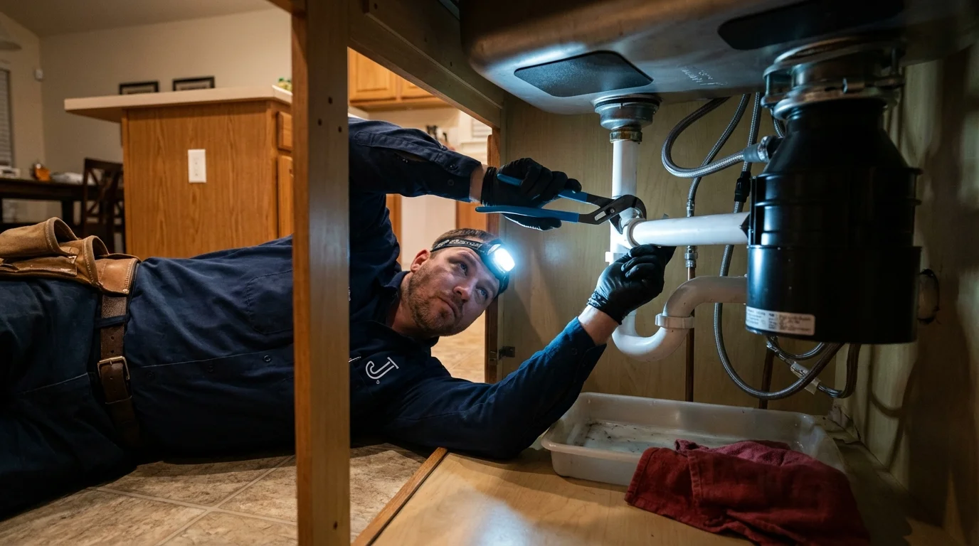 P-trap and supply line connections under a kitchen sink showing a common leak point in Siloam Springs, AR